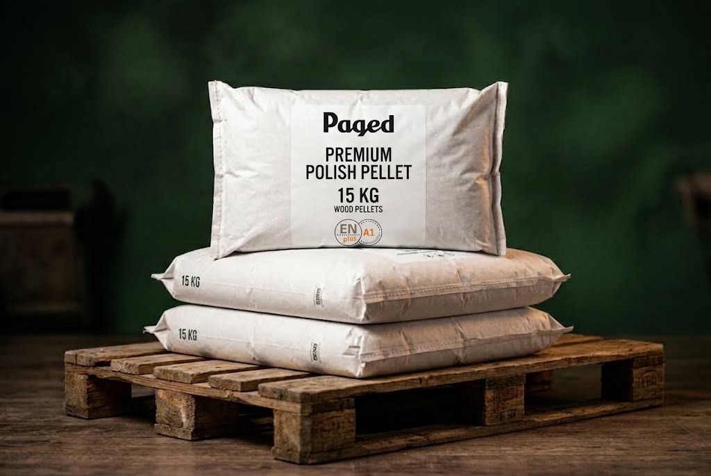 Worki pelletu drzewnego 15 kg ułożone na drewnianej palecie